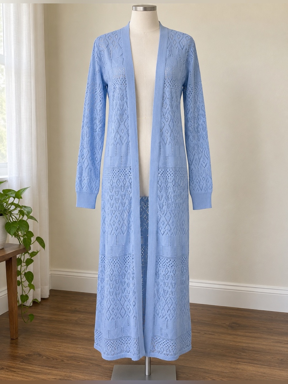 Cyrus Light Blue Open-Front Long Knit Cardigan